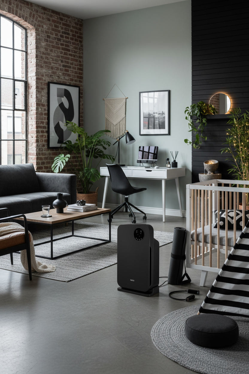 Klarta Forste air purifier in Full Black in a loft living room
