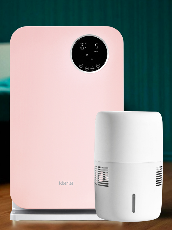 Klarta Forste air purifier next to a Klarta Humea evaporative humidifier