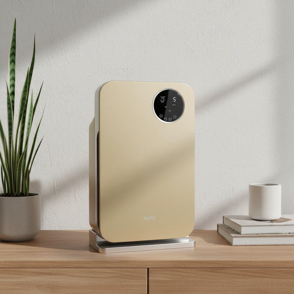 Klarta Forste air purifier in Gold on a wooden sideboard