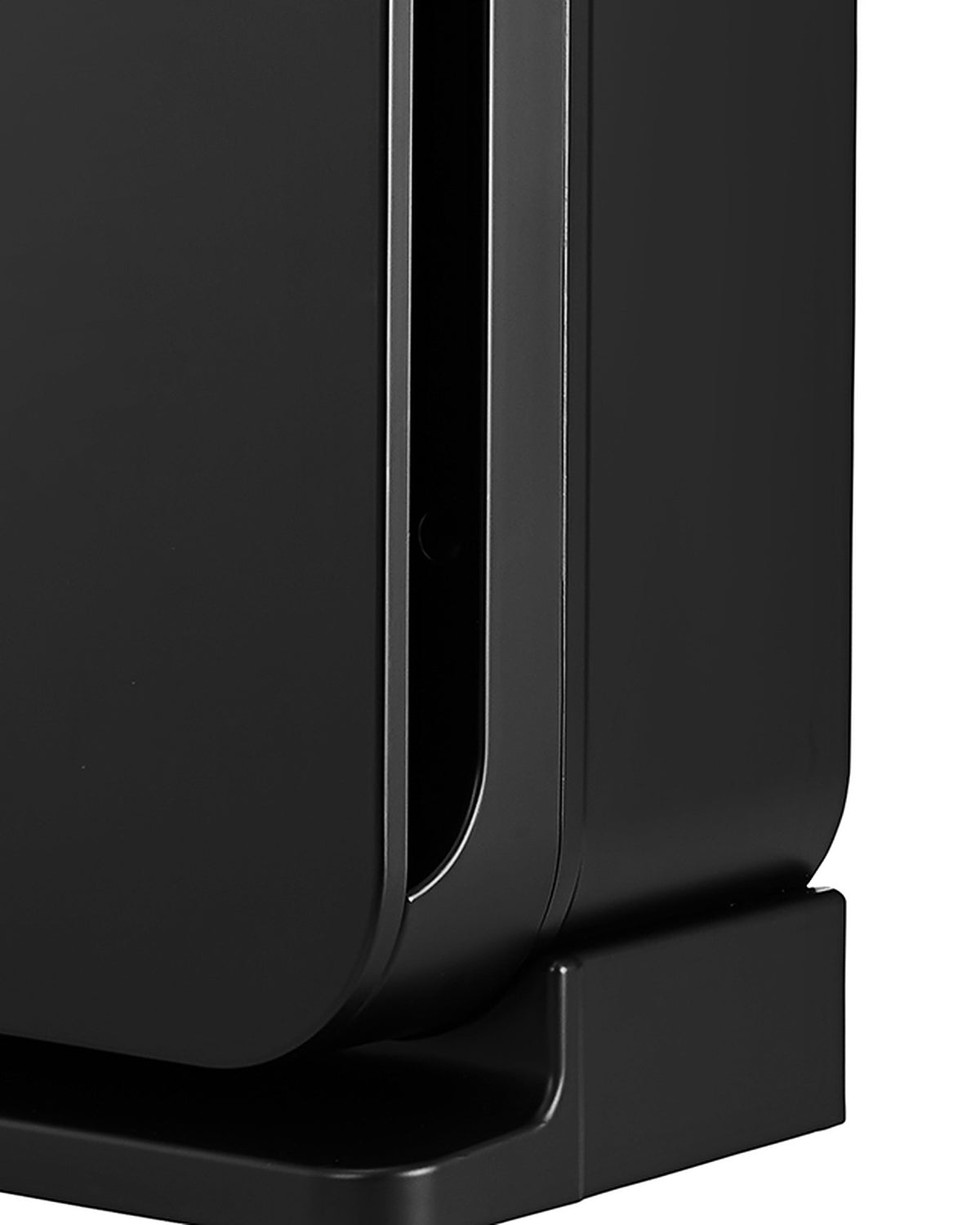 Side air-intake slot and black base of the Klarta Forste air purifier in Full Black