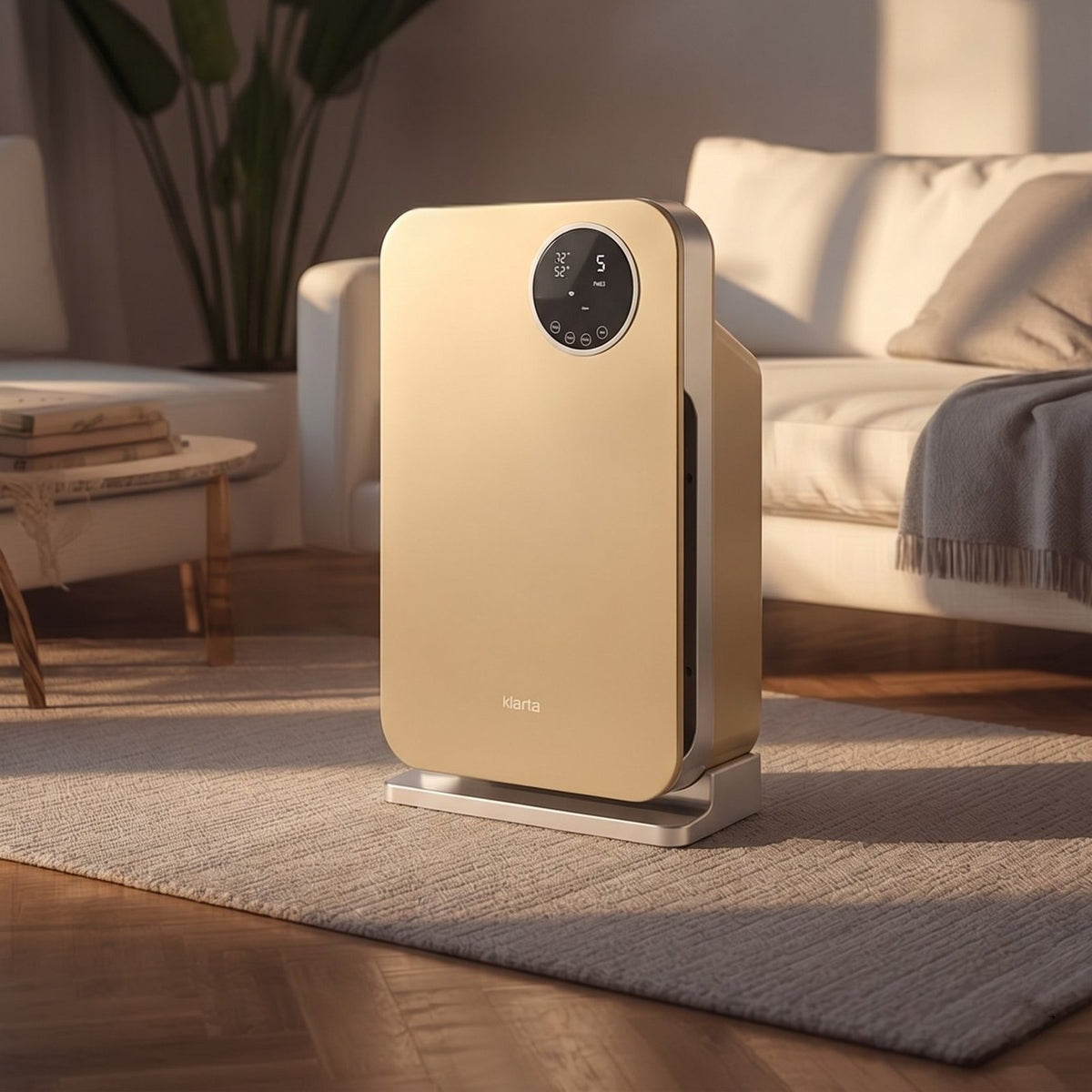 Klarta Forste air purifier in Gold on a rug in a living room at golden hour