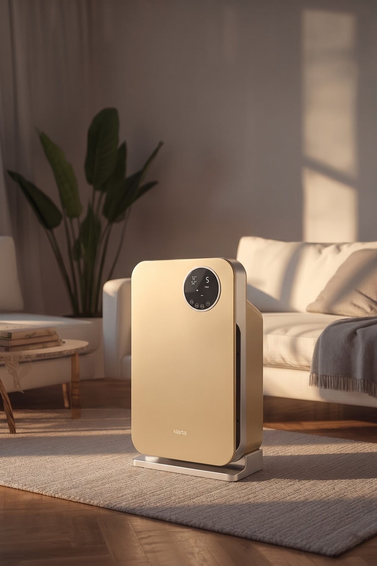 Klarta Forste air purifier in Gold on a rug in a living room at golden hour