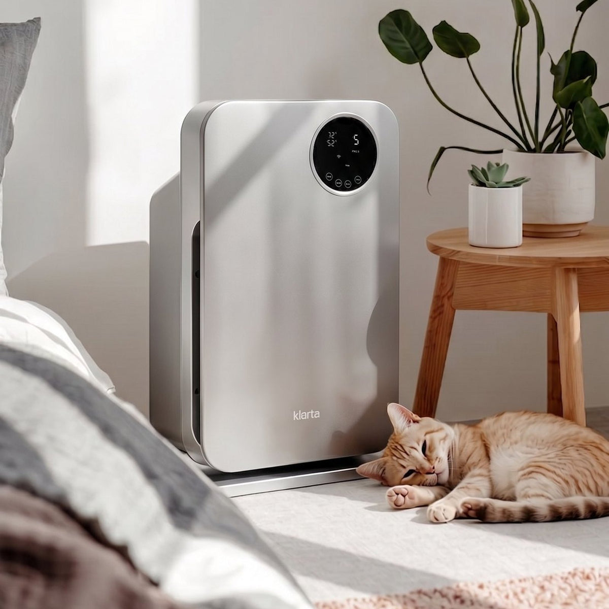 Klarta Forste air purifier in Silver in a bedroom, with a cat sleeping beside it