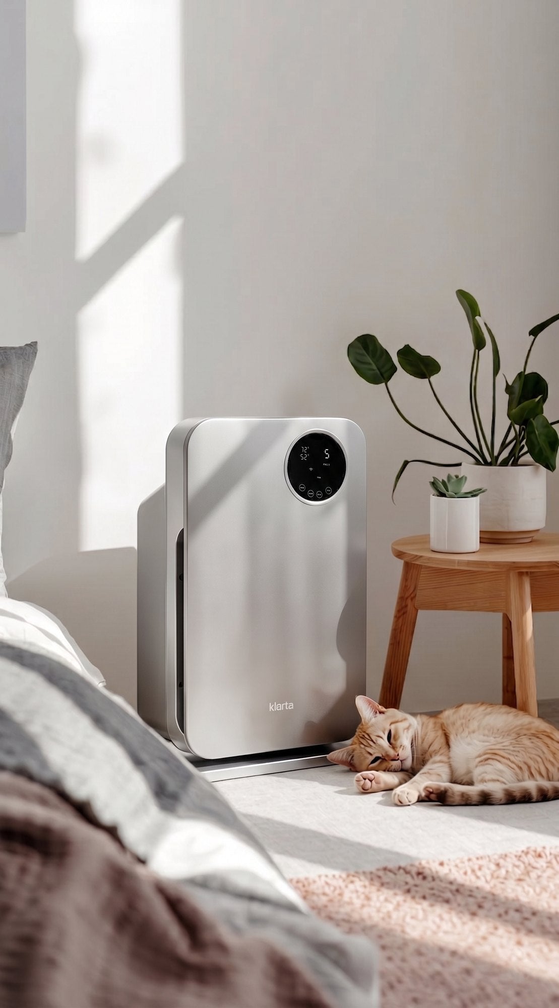 Klarta Forste air purifier in Silver in a bedroom, with a cat sleeping beside it