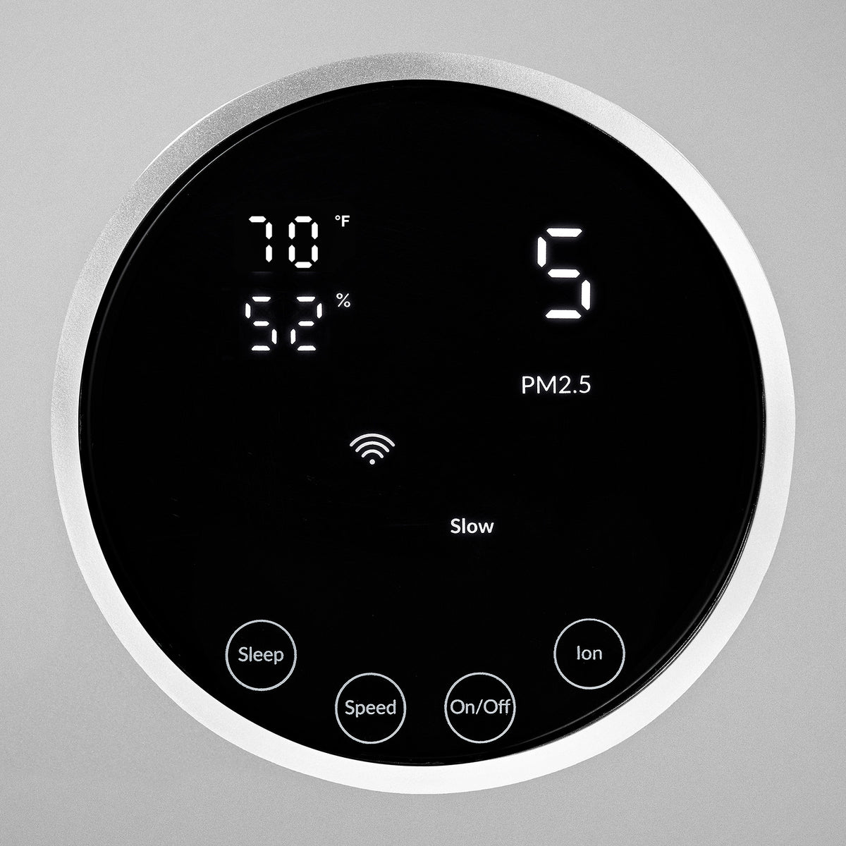 Close-up of the round touch display with its silver ring on the Klarta Forste air purifier in Silver
