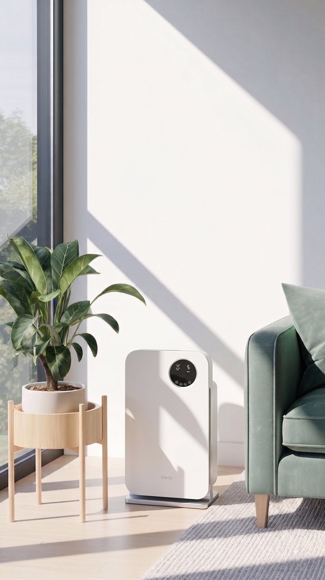 Klarta Forste air purifier in White by a window in a bright living room, next to a green sofa