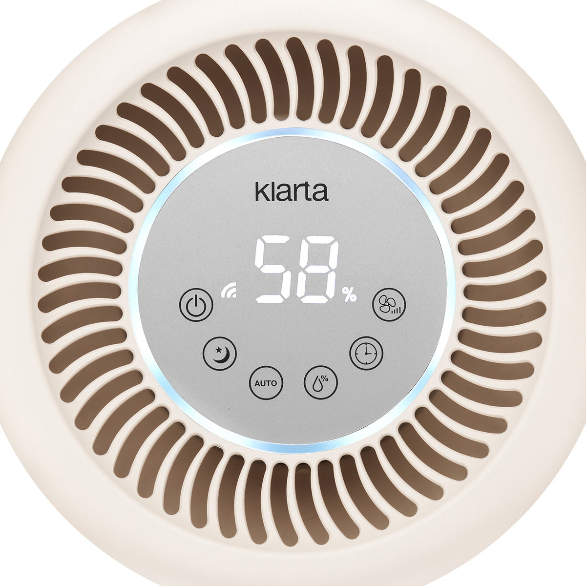 Top control panel of the Klarta Humea evaporative humidifier in Beige, showing 58% humidity