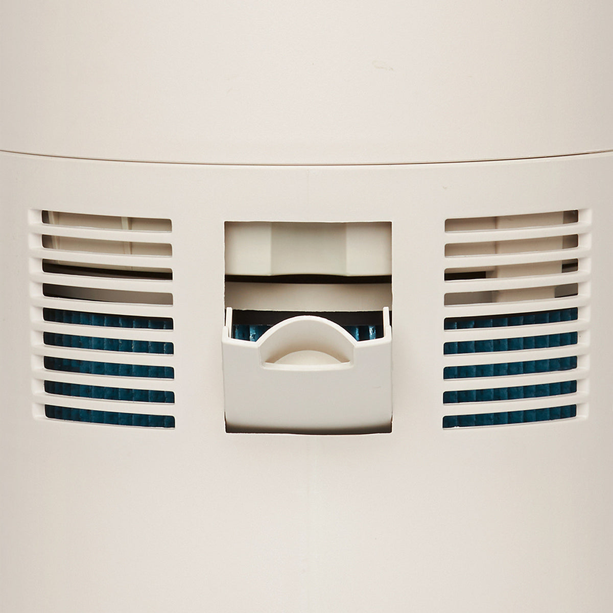 Front water fill opening and side vents of the Klarta Humea evaporative humidifier in Beige