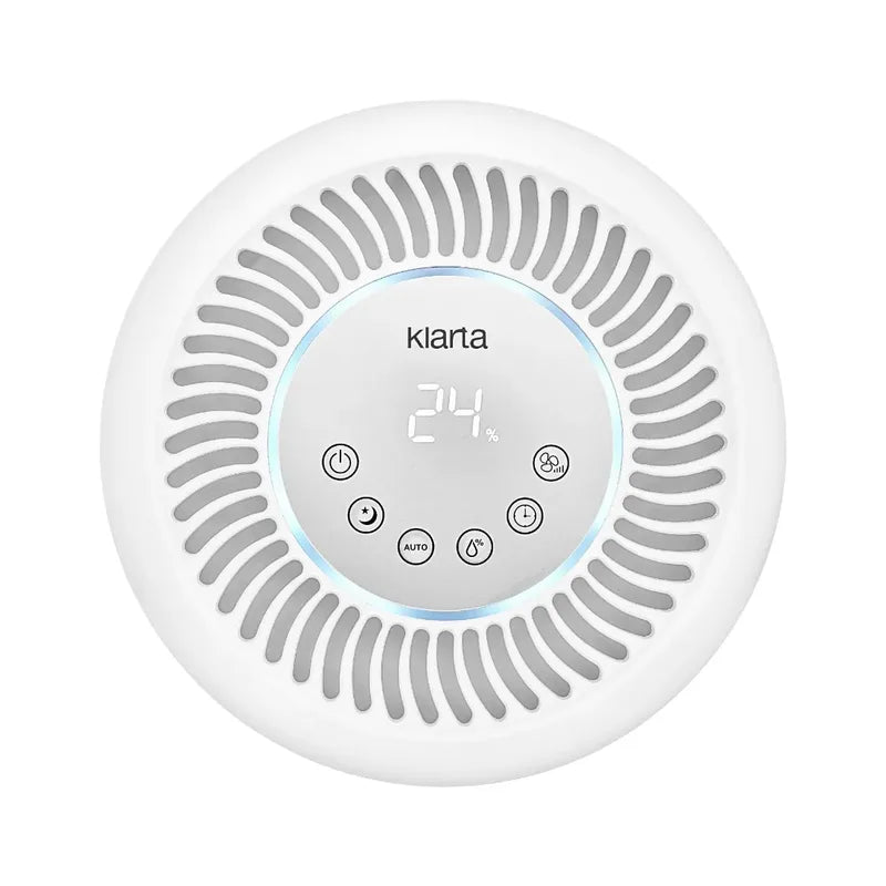 Top view of the Klarta Humea control panel in White showing 24% humidity