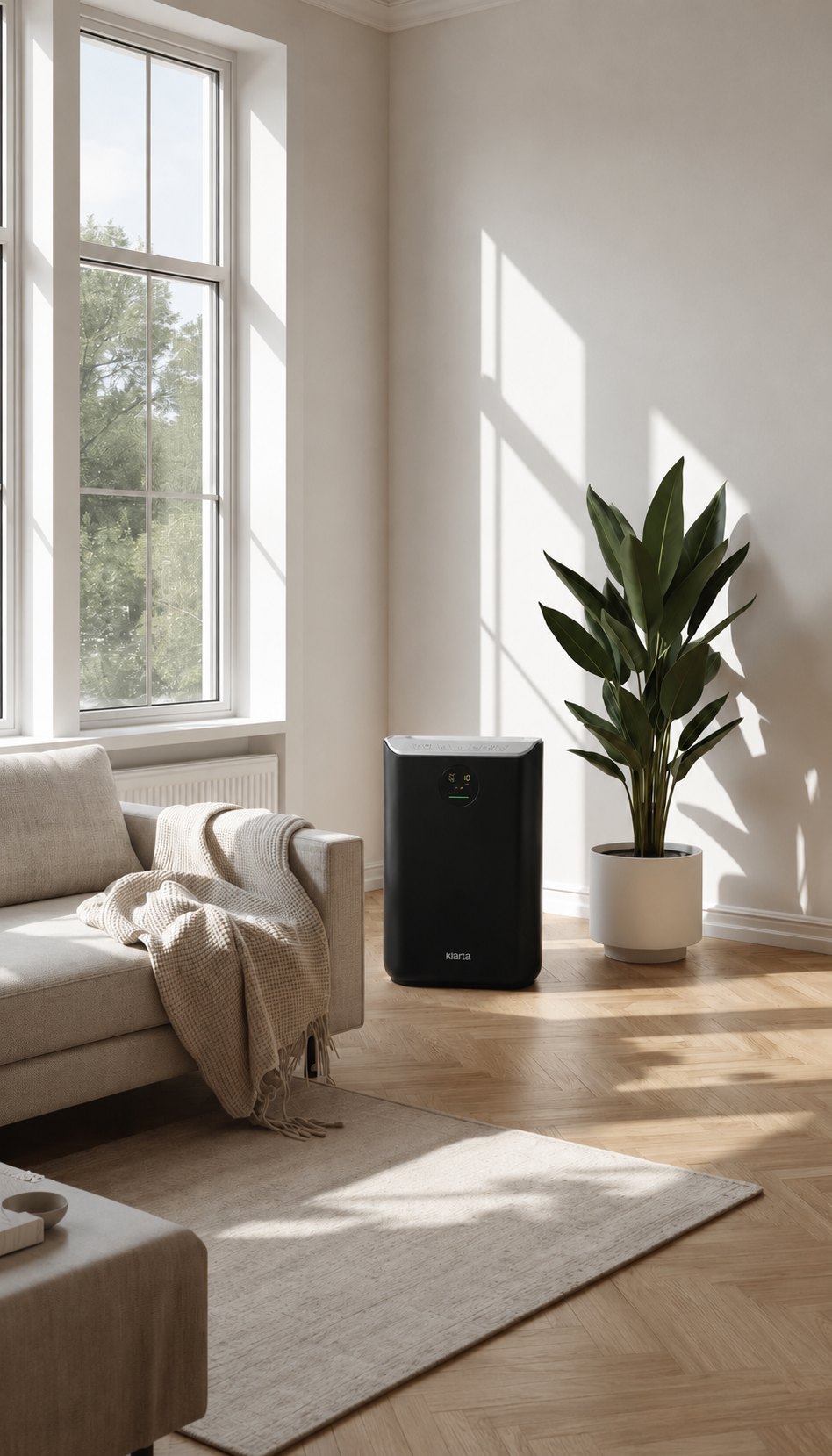 Klarta Stor air purifier in Full Black in a bright living room corner next to a plant