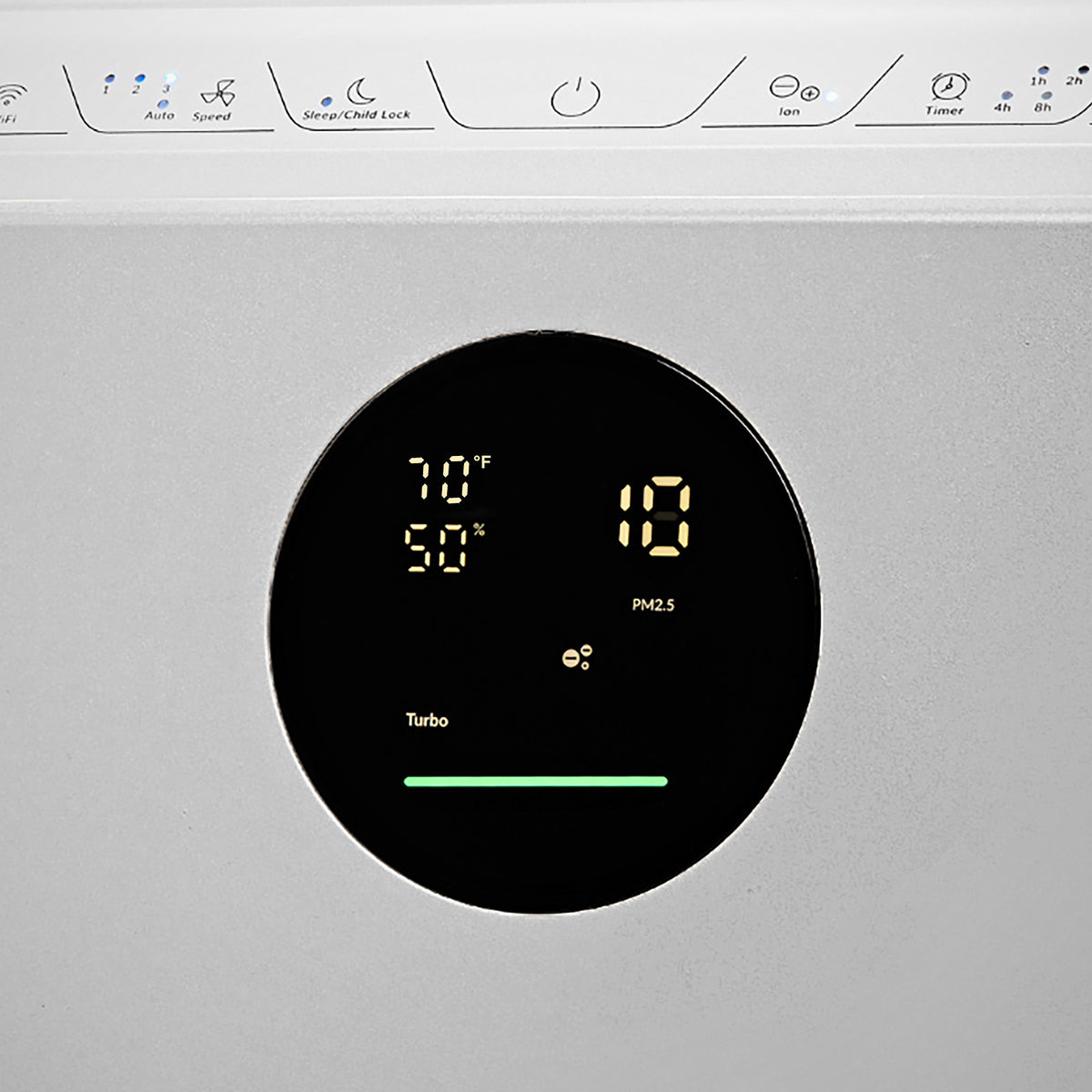 Close-up of the display and top touch controls on the Klarta Stor air purifier in Silver