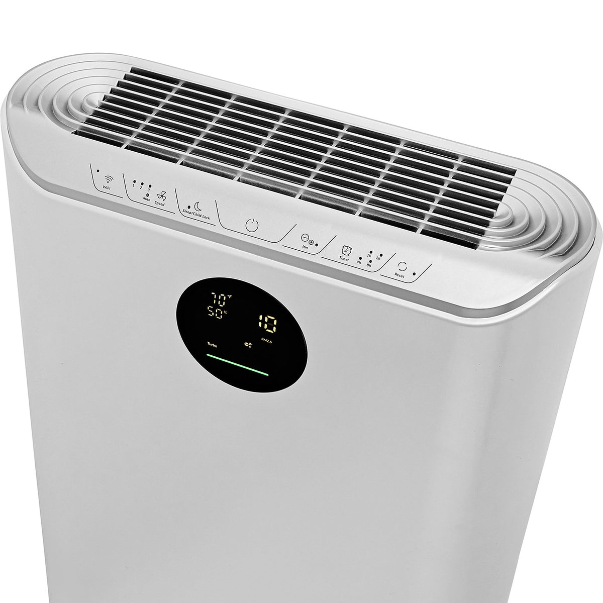 Top air outlet grille and touch controls of the Klarta Stor air purifier in Silver