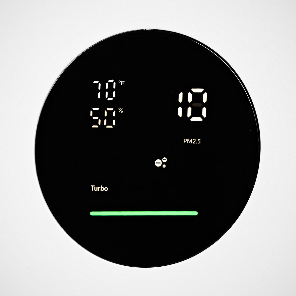 Close-up of the round display on the Klarta Stor air purifier in White