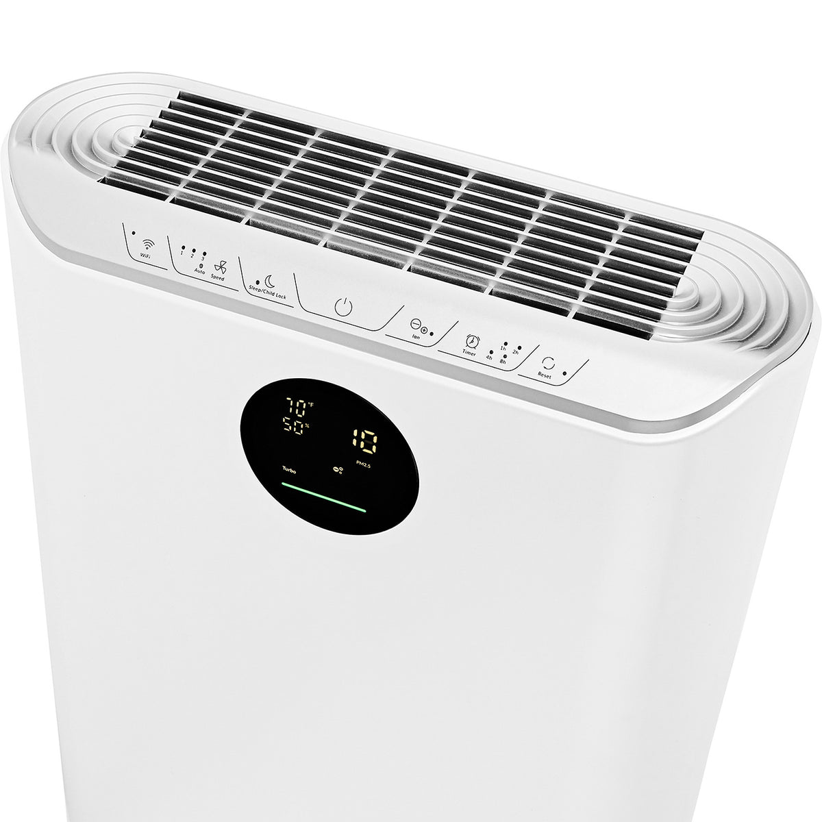 Top air outlet grille and touch controls of the Klarta Stor air purifier in White